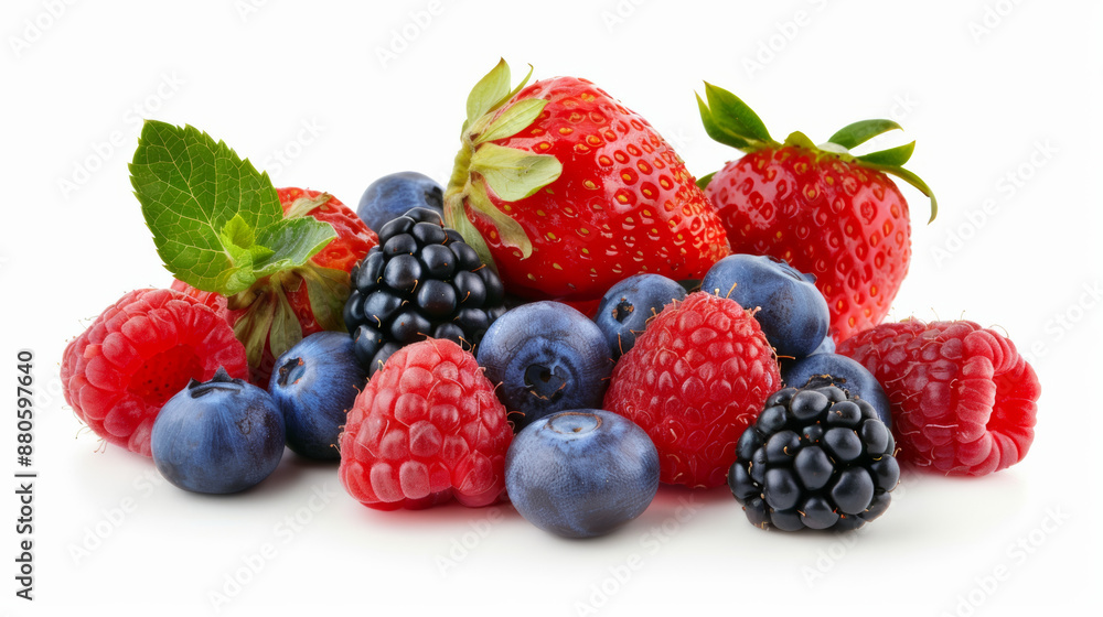 assortment of berries including blueberries, strawberries, and raspberries, isolated on a white background, rich in antioxidants assortment of berries including blueberries, strawberries, and raspberries, isolated on a white background, rich in antioxidants