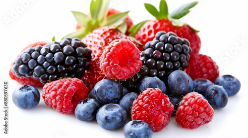 assortment of berries including blueberries, strawberries, and raspberries, isolated on a white background, rich in antioxidants 