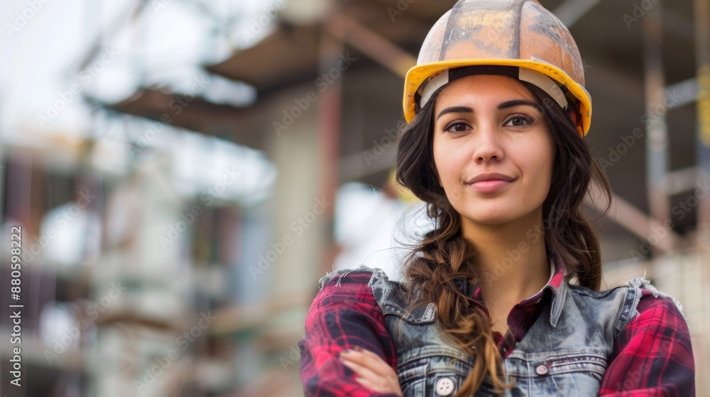 Female worker wearing protective hard hat on a job site Female worker wearing protective hard hat on a job site