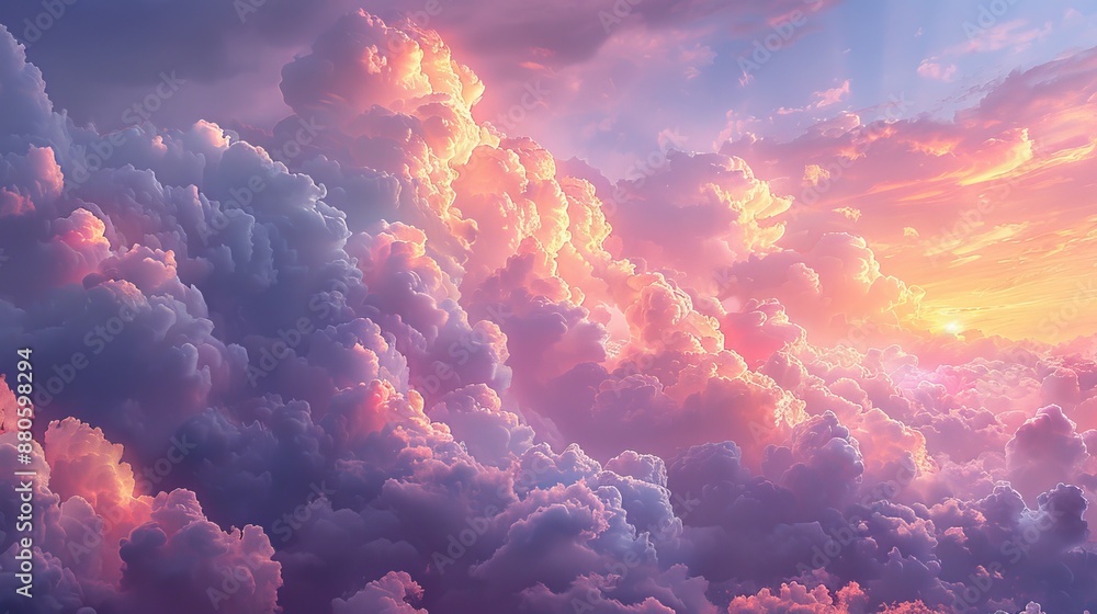 The setting sun casts warm hues across a sky filled with fluffy pink and purple clouds, creating a dreamy and ethereal atmosphere The setting sun casts warm hues across a sky filled with fluffy pink and purple clouds, creating a dreamy and ethereal atmosphere