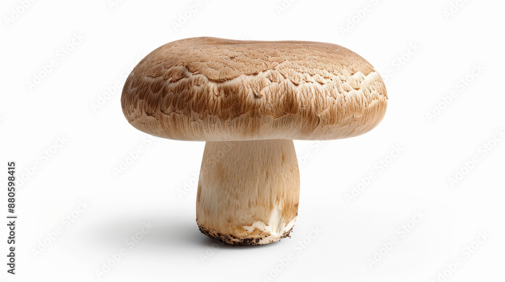Classic mushroom isolated on a white background, centered with detailed texture and shading, slightly tilted to the left, casting a soft shadow Classic mushroom isolated on a white background, centered with detailed texture and shading, slightly tilted to the left, casting a soft shadow
