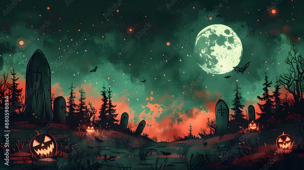 A spooky Halloween night scene with a full moon, stars, bats, and jack-o'-lanterns A spooky Halloween night scene with a full moon, stars, bats, and jack-o'-lanterns