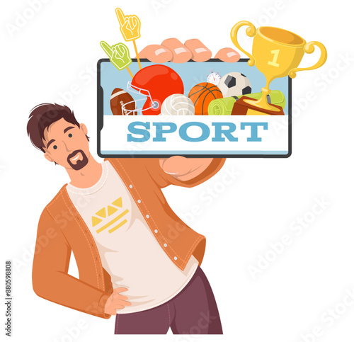 Man user advertising sport stream on smartphone vector illustration. Young blogger promoting e-sports mobile service , cybersport website