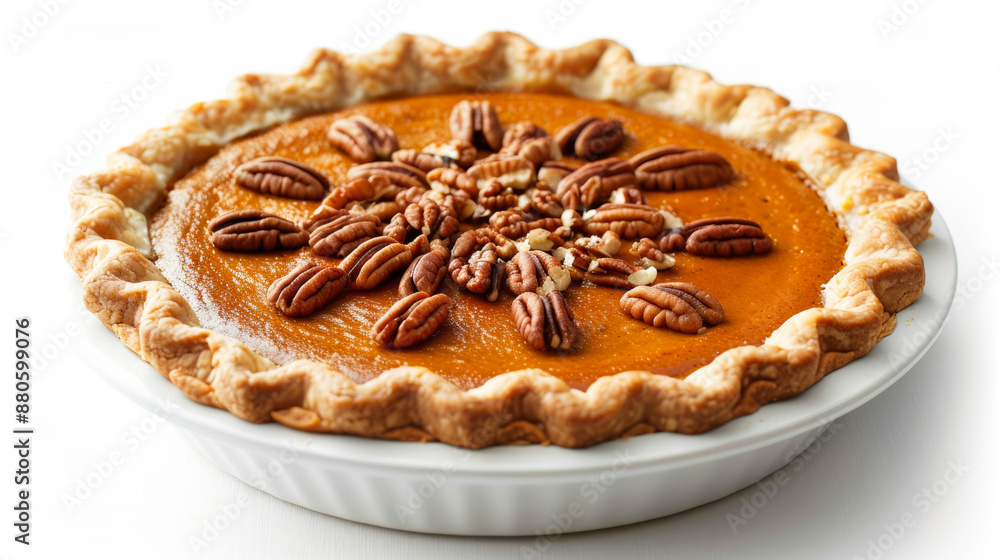 close-up of a pumpkin pie with pecan topping, isolated on a white background, crunchy and flavorful close-up of a pumpkin pie with pecan topping, isolated on a white background, crunchy and flavorful