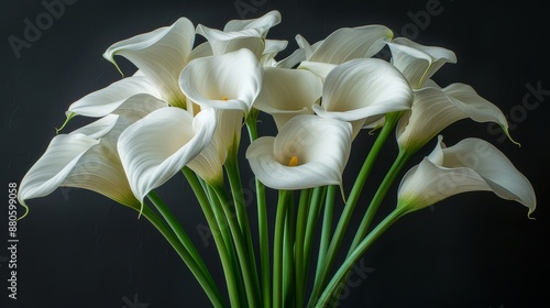 Fototapeta Naklejka Na Ścianę i Meble -  Bouquet of white calla lilies is standing in a vase on a dark background. The image is perfect for conveying elegance and beauty