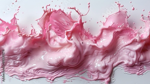 Pink liquid splashes and flows on white background, creating vibrant shapes. Modern abstract design with bright colors for commercial use