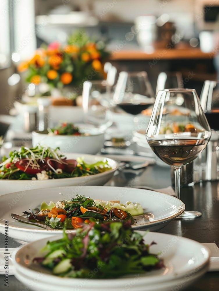 A table setting with various dishes and glasses of wine, perfect for capturing a morning meal A table setting with various dishes and glasses of wine, perfect for capturing a morning meal