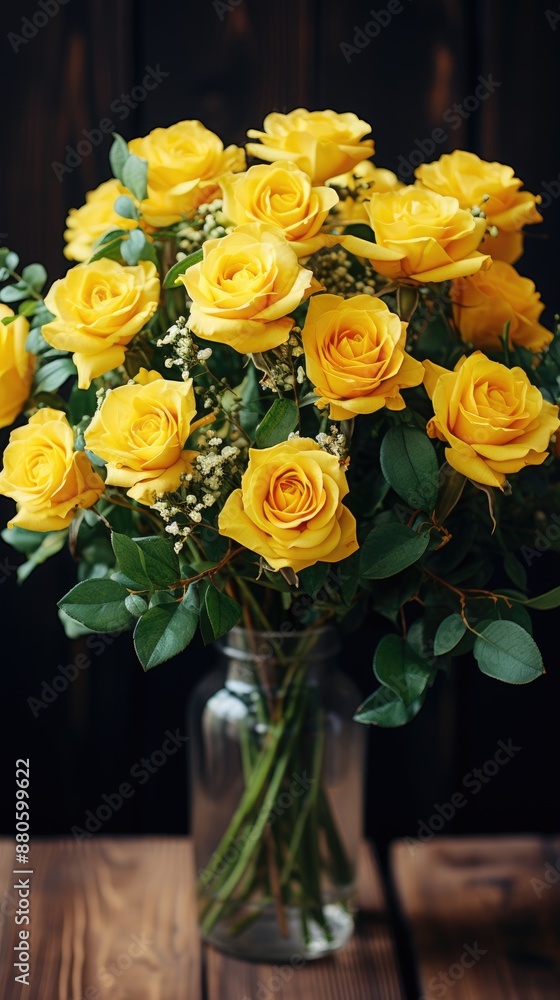 yellow roses on a wooden table with a dark wooden background. yellow roses on a wooden table with a dark wooden background.