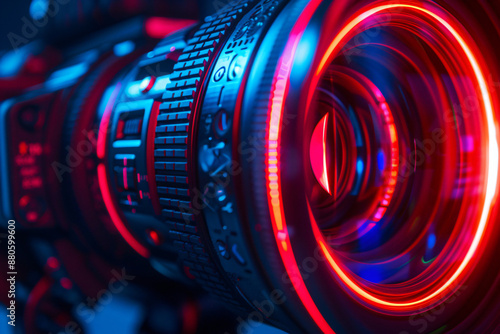 Close-up of video camera lens with red and blue lights, macro photography. Abstract background for design.