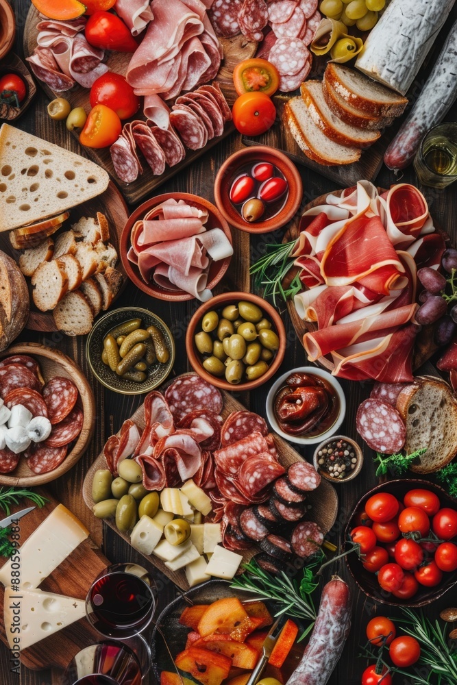 A platter filled with variety of meats, cheeses, olives, tomatoes, and bread A platter filled with variety of meats, cheeses, olives, tomatoes, and bread
