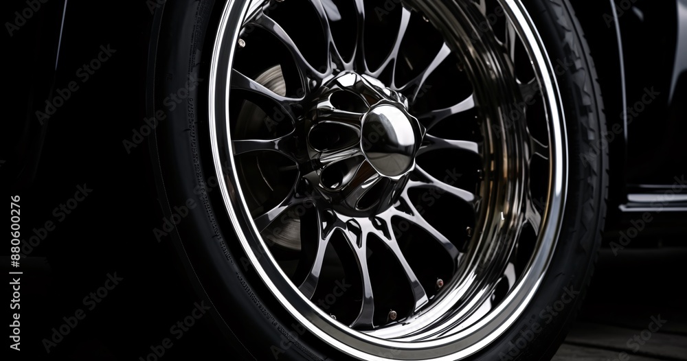 car disc, luxury sport car, tires Car, metallic chrome, close up, side black car background car disc, luxury sport car, tires Car, metallic chrome, close up, side black car background