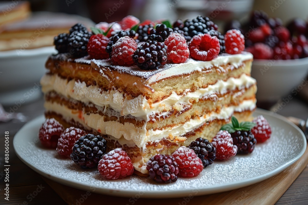 A slice of Russian honey cake, Medovik, with its multiple layers of honey-infused dough and cream filling, garnished with fresh berries. A slice of Russian honey cake, Medovik, with its multiple layers of honey-infused dough and cream filling, garnished with fresh berries.