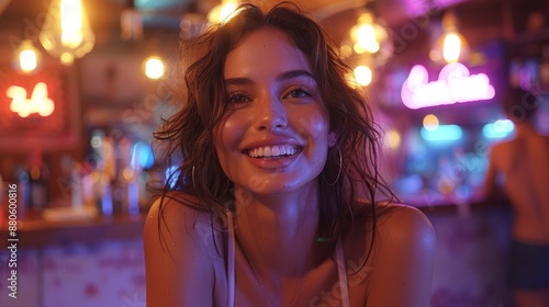 Young woman smiles joyfully in a vibrant night club, surrounded by neon lights and a bustling bar, embodying the excitement of weekend nightlife © Viktoriia