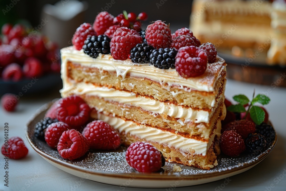 A slice of Russian honey cake, Medovik, with its multiple layers of honey-infused dough and cream filling, garnished with fresh berries. A slice of Russian honey cake, Medovik, with its multiple layers of honey-infused dough and cream filling, garnished with fresh berries.
