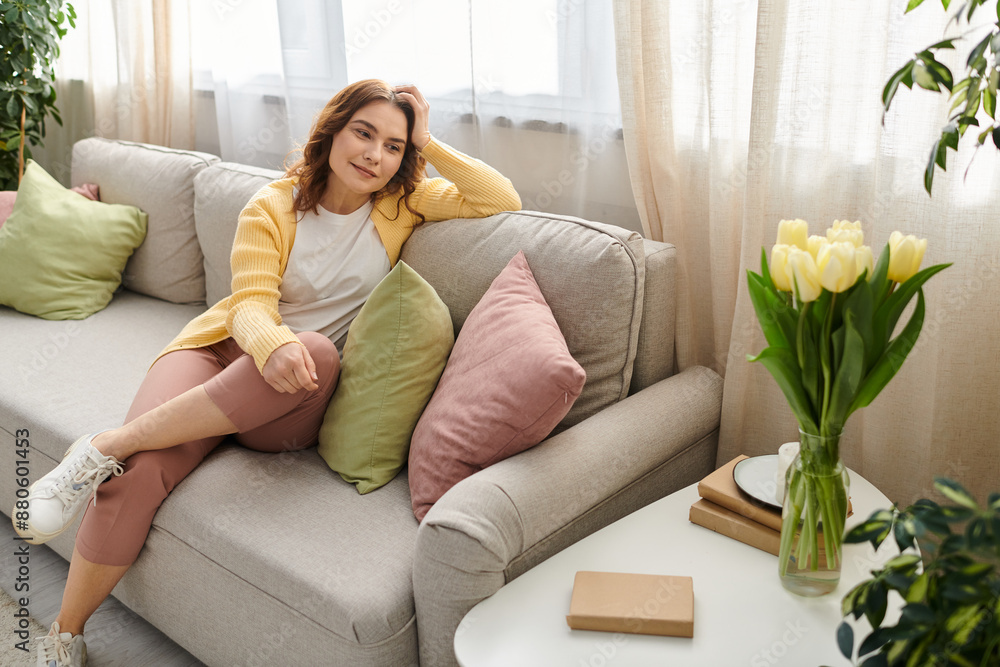 Middle aged woman sitting elegantly on a gray couch. Middle aged woman sitting elegantly on a gray couch.
