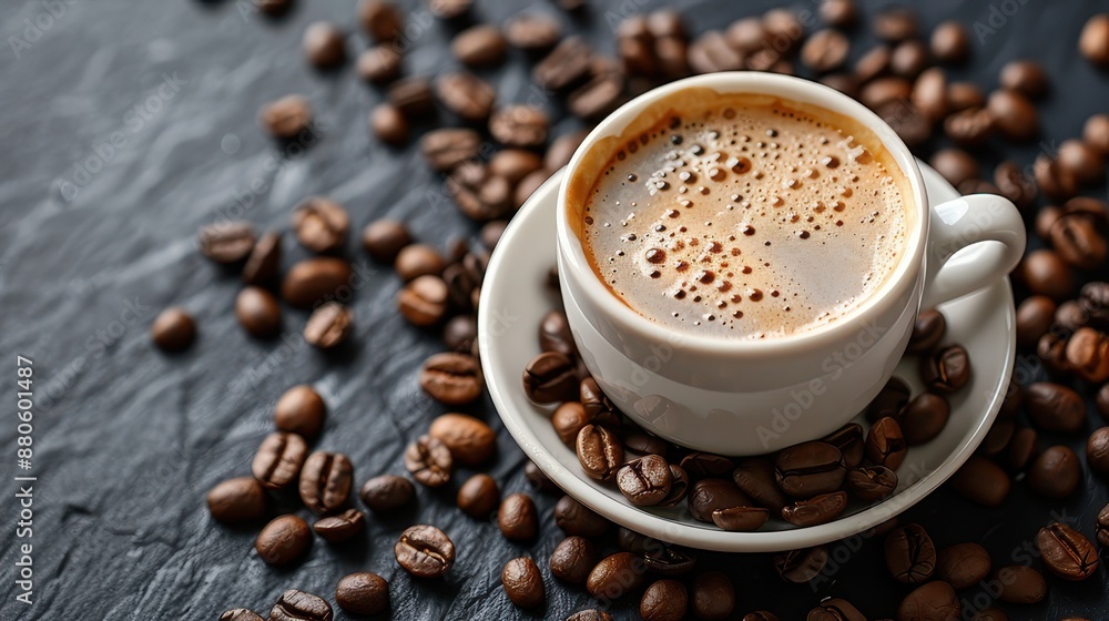 Coffee cup and scattered coffee beans on dark background Coffee cup and scattered coffee beans on dark background