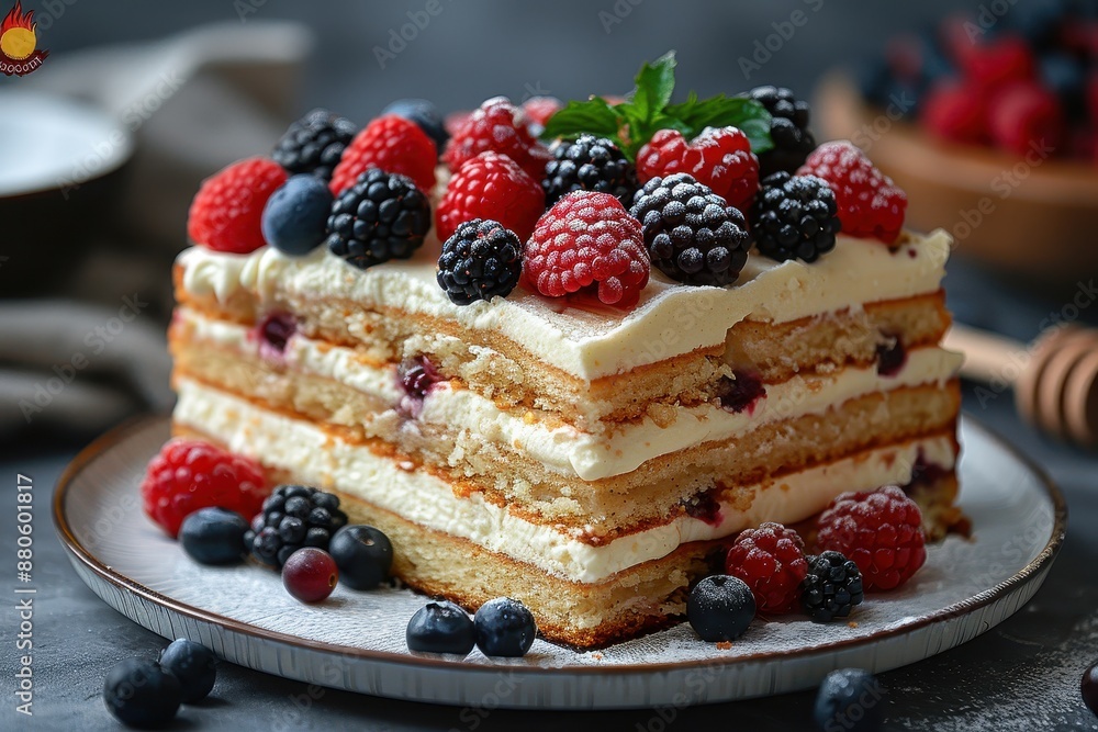 A slice of Russian honey cake, Medovik, with its multiple layers of honey-infused dough and cream filling, garnished with fresh berries. A slice of Russian honey cake, Medovik, with its multiple layers of honey-infused dough and cream filling, garnished with fresh berries.