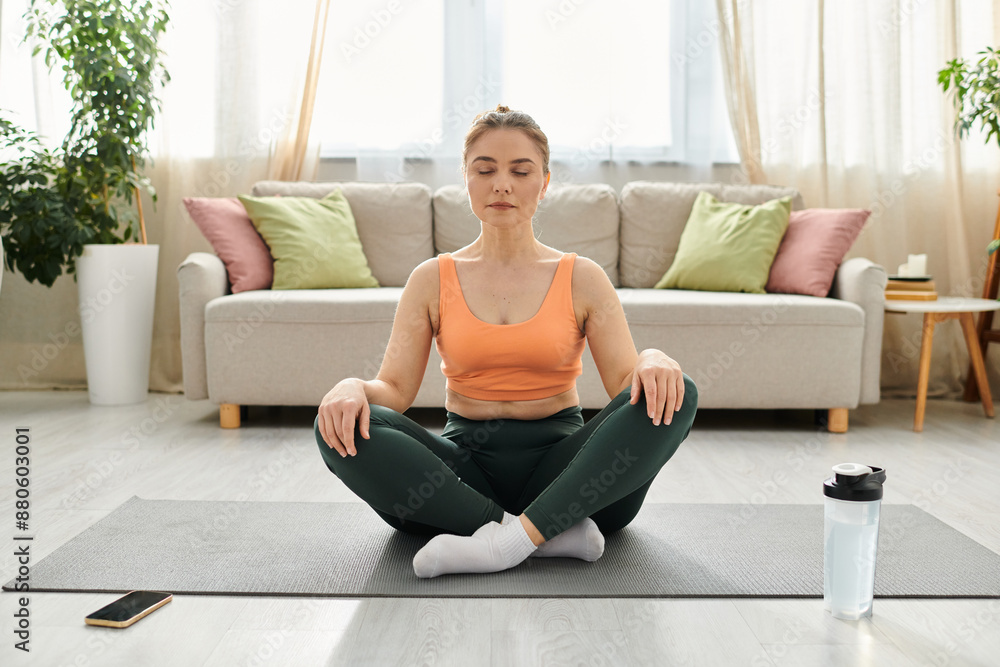 Middle aged woman finding peace on a yoga mat in her living room. Middle aged woman finding peace on a yoga mat in her living room.