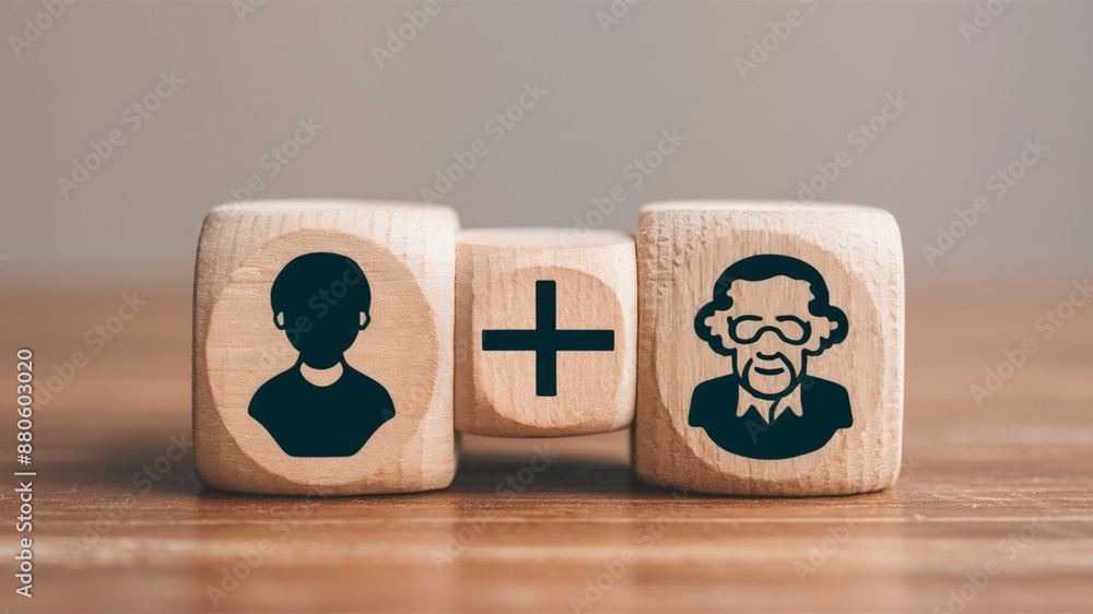 Age Equality: Wooden blocks displaying symbols for a young person and an elderly person with an equals sign in the middle on a neutral background. Age Equality: Wooden blocks displaying symbols for a young person and an elderly person with an equals sign in the middle on a neutral background.