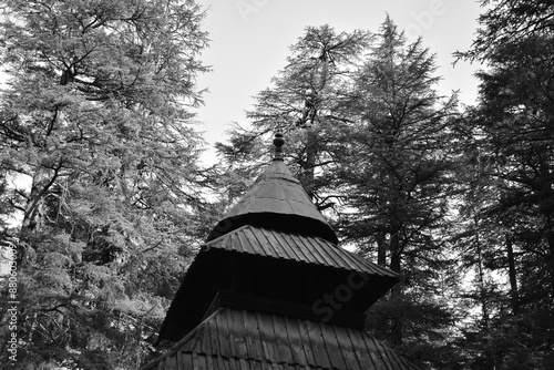 grayscale photo of Hadimba Devi Temple in Manali