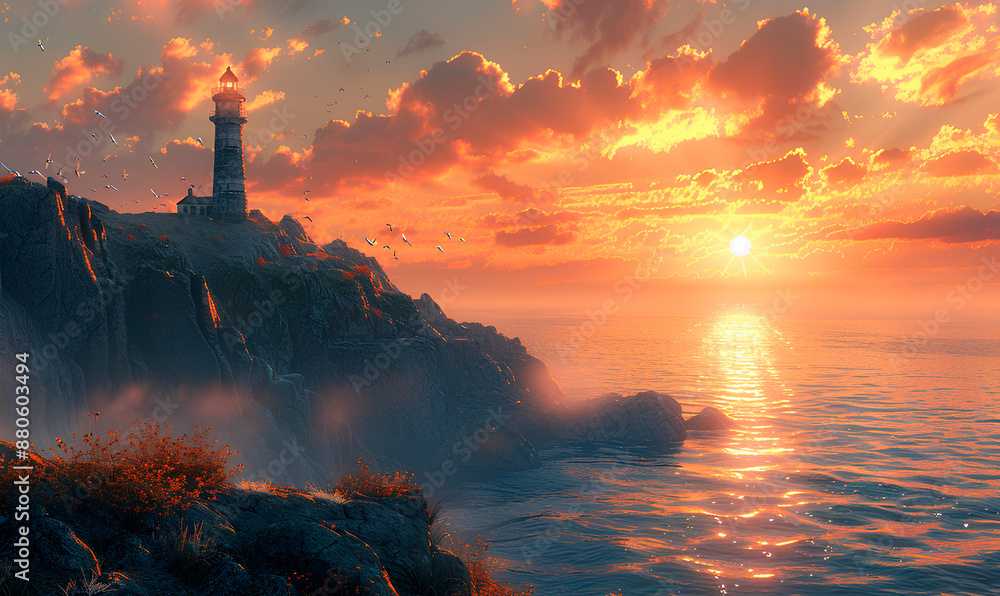 A lone lighthouse stands on a dramatic cliff overlooking the ocean as the sun sets over the horizon, casting an orange glow on the sky and water A lone lighthouse stands on a dramatic cliff overlooking the ocean as the sun sets over the horizon, casting an orange glow on the sky and water