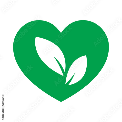 Vegan Green Vector Heart Symbol with Leaves on White Background. Organic, Bio and Ecological Icon Label. Nature Care Logo Element. 