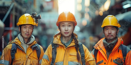 sian 30 years old male construction workers standing, they are wearing construction clothes with helmets photo