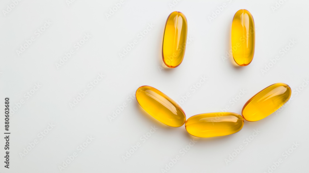 omega-3 capsules forming a smiley face, isolated on a white background, playful and glossy omega-3 capsules forming a smiley face, isolated on a white background, playful and glossy