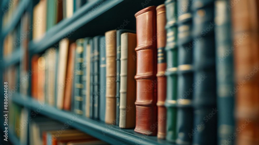 Naklejka premium Russian literature books intertwined with international titles on a bookshelf 