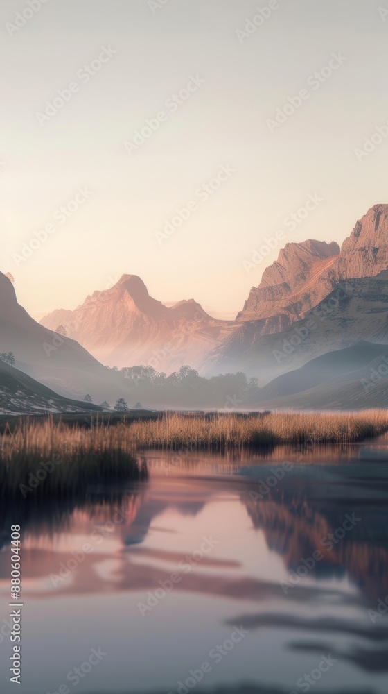 Naklejka premium Serene lake reflecting the warm hues of the setting sun over a picturesque mountain range, creating a breathtaking view