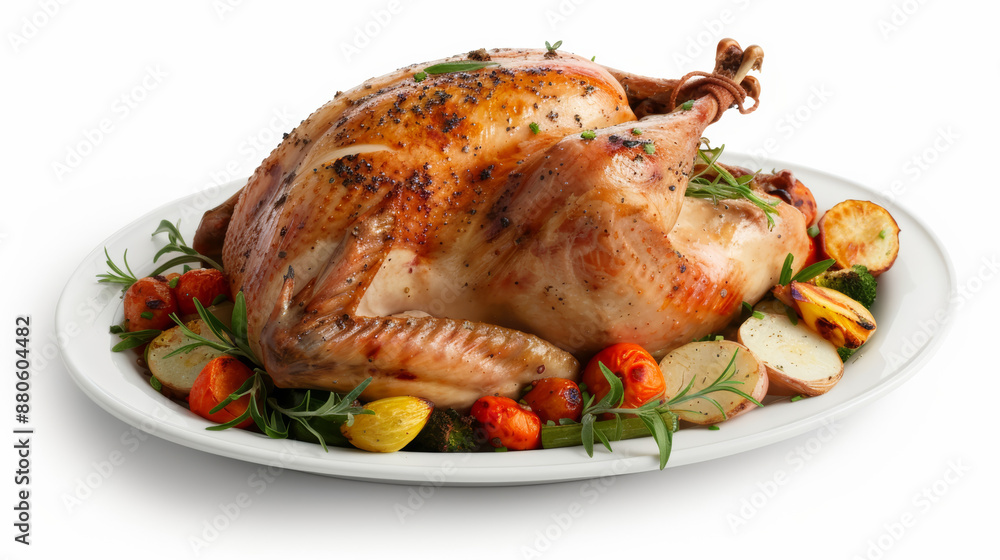 Thanksgiving turkey with a rich glaze, isolated on a white background, surrounded by roasted vegetables Thanksgiving turkey with a rich glaze, isolated on a white background, surrounded by roasted vegetables