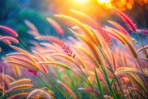 Soft focus background image of vibrant colorful grass flowers swaying gently in the breeze, creating a serene and peaceful atmosphere with blurred edges.