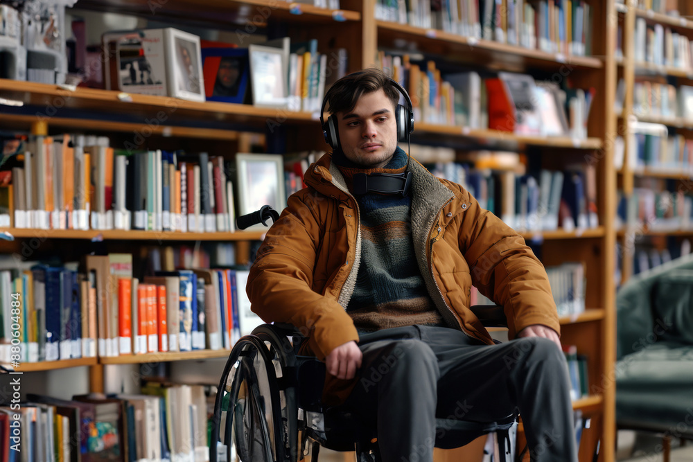 Student in Wheelchair in College Library Student in Wheelchair in College Library