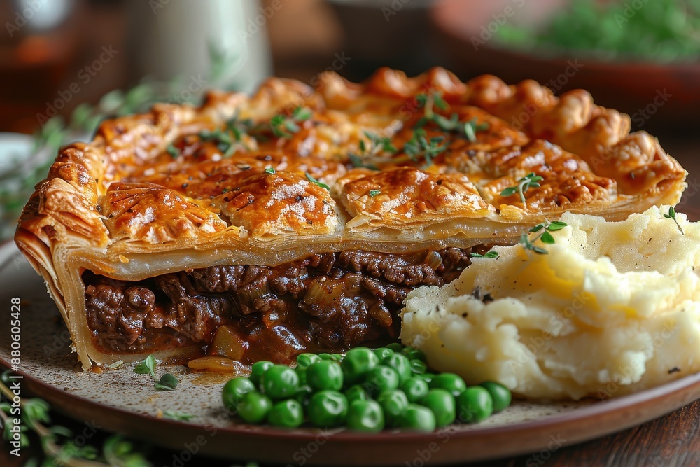 A slice of steak and kidney pie, with a rich filling and a golden, flaky crust, served with mashed potatoes and peas. A slice of steak and kidney pie, with a rich filling and a golden, flaky crust, served with mashed potatoes and peas.
