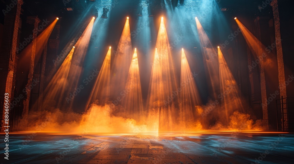 Fototapeta premium Vibrant orange and blue lights illuminate the stage, with wisps of smoke adding to the dramatic ambiance, creating a captivating scene perfect for entertainment events