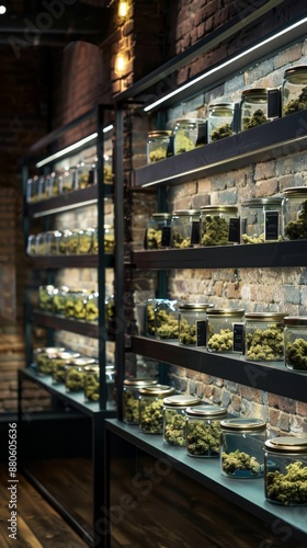 Glass jars with a variety of cannabis displayed on shelves in a dispensary, showcasing the legal sale of marijuana for recreational or medicinal use