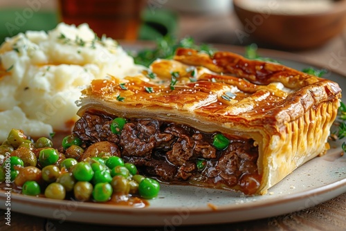 A slice of steak and kidney pie, with a rich filling and a golden, flaky crust, served with mashed potatoes and peas.  photo