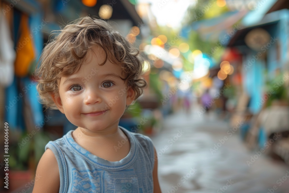 baby boy in the pavement of a small city of Thailand showing the length of the street. baby boy in the pavement of a small city of Thailand showing the length of the street.