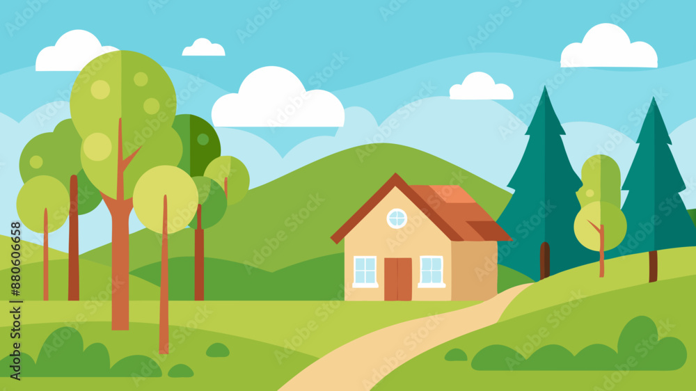 Spring countryside landscape with house, trees Cute vector illustration Spring countryside landscape with house, trees Cute vector illustration