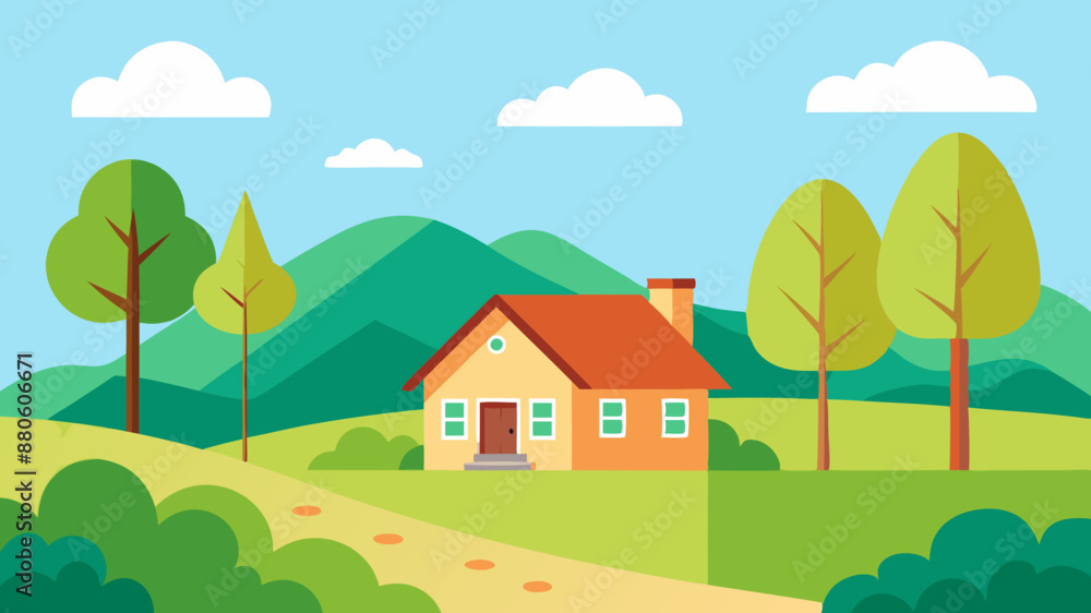 Fototapeta premium Spring countryside landscape with house, trees Cute vector illustration