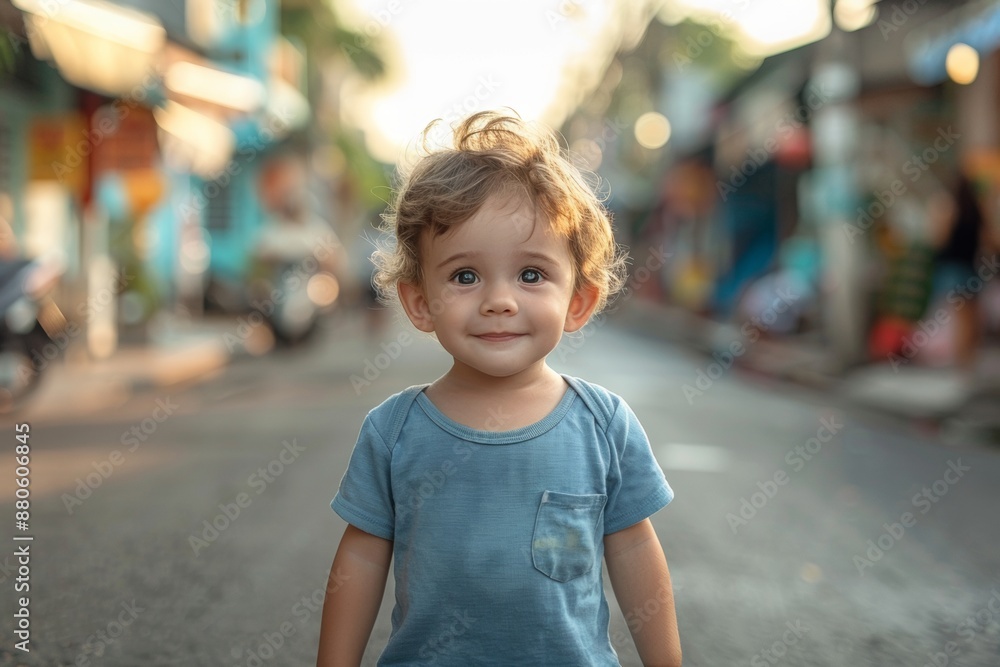 baby boy in the pavement of a small city of Thailand showing the length of the street. baby boy in the pavement of a small city of Thailand showing the length of the street.