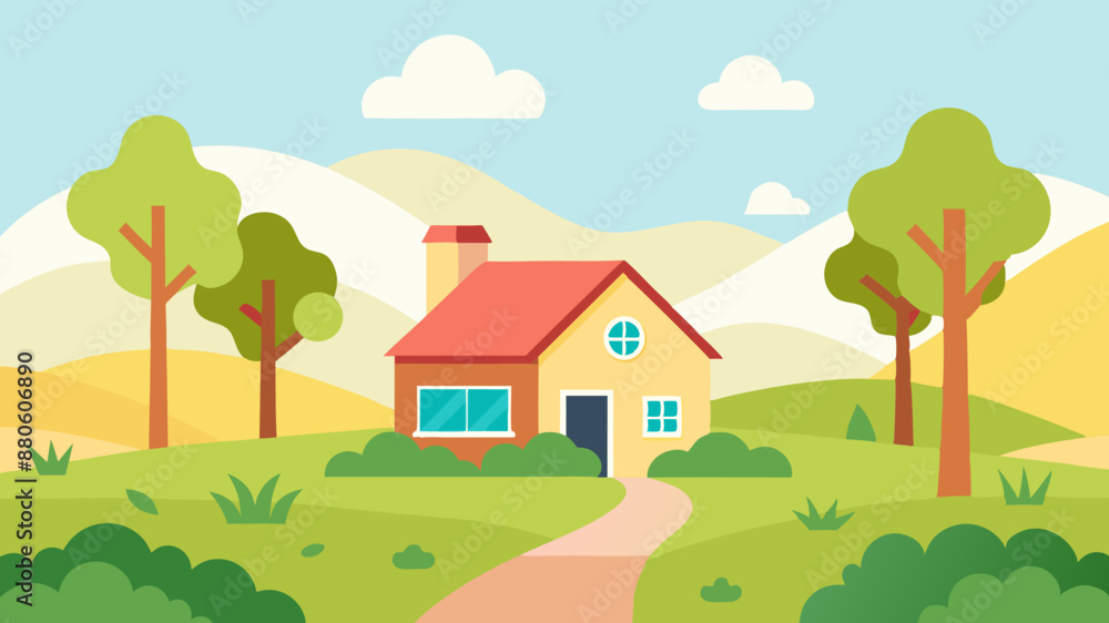 Spring countryside landscape with house, trees Cute vector illustration Spring countryside landscape with house, trees Cute vector illustration