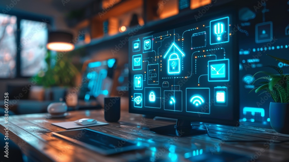 A smart home setup with various devices interconnected through a wireless network A smart home setup with various devices interconnected through a wireless network
