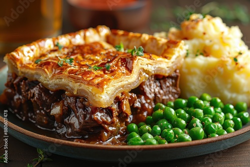 A slice of steak and kidney pie, with a rich filling and a golden, flaky crust, served with mashed potatoes and peas. 