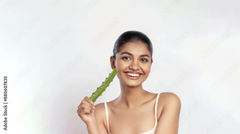 An Indian woman smiles while holding an Aloe Vera leaf to her face against a white background natural skincare concept An Indian woman smiles while holding an Aloe Vera leaf to her face against a white background natural skincare concept