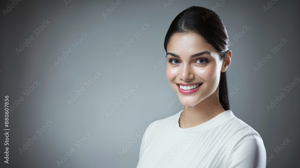 An Indian woman smiling and looking at camera wearing white dress isolated on a gray background skincare concept An Indian woman smiling and looking at camera wearing white dress isolated on a gray background skincare concept
