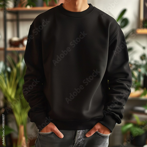 Black Sweatshirt Mockup Blank sweatshirt template, men's sweatshirt mockup, man with black sweatshirt standing in a room with plants photo