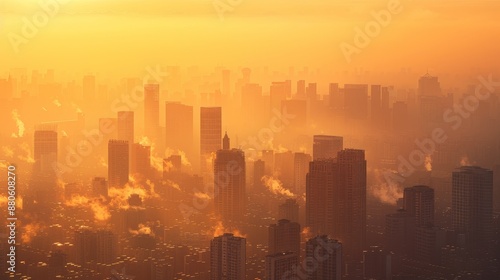 Image of a city skyline blanketed in smog, with poor air quality and obscured buildings