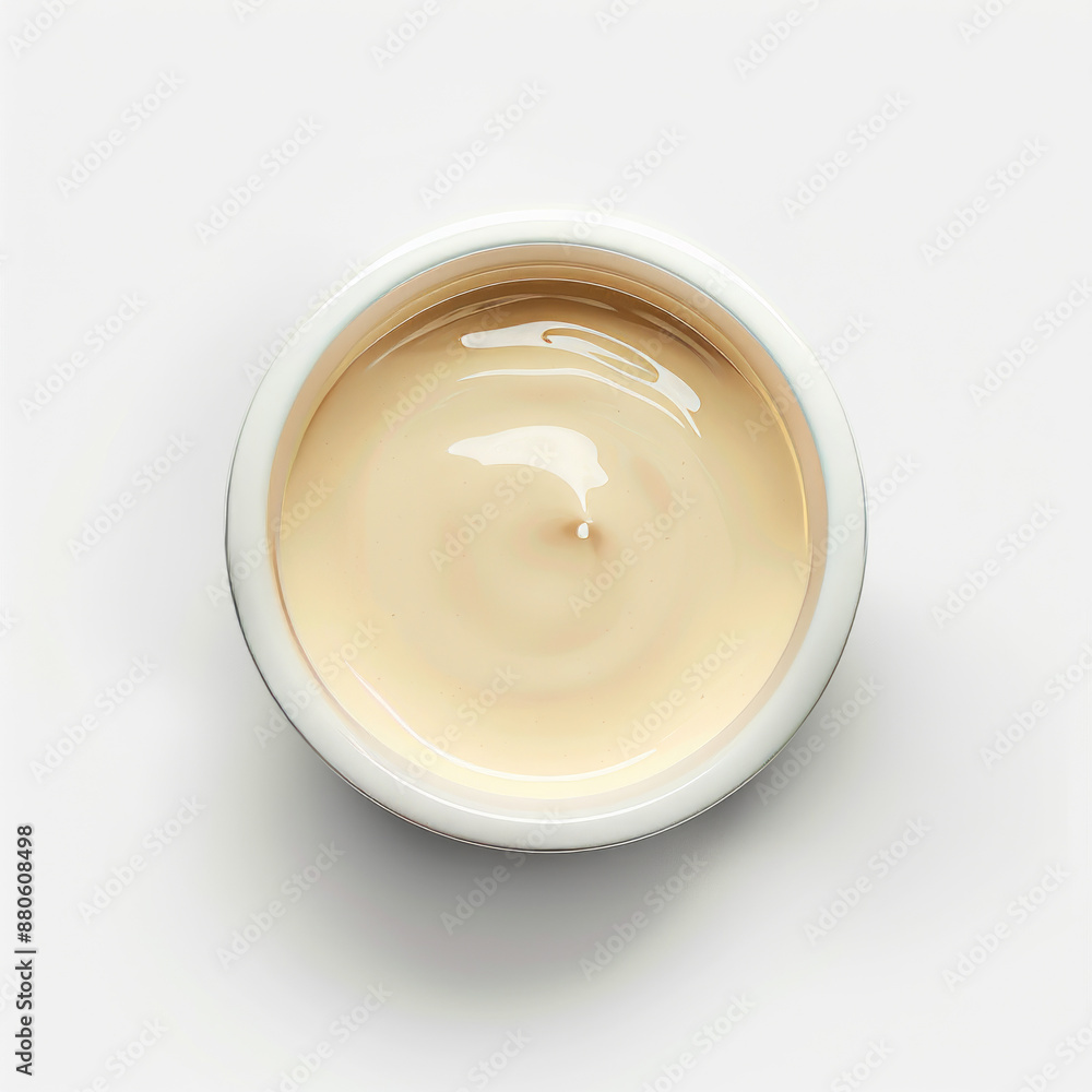 Ceramic dipping cup of mayo sauce, top view. Closeup of creamy mayonnaise in a white bowl on a white background. Ceramic dipping cup of mayo sauce, top view. Closeup of creamy mayonnaise in a white bowl on a white background.