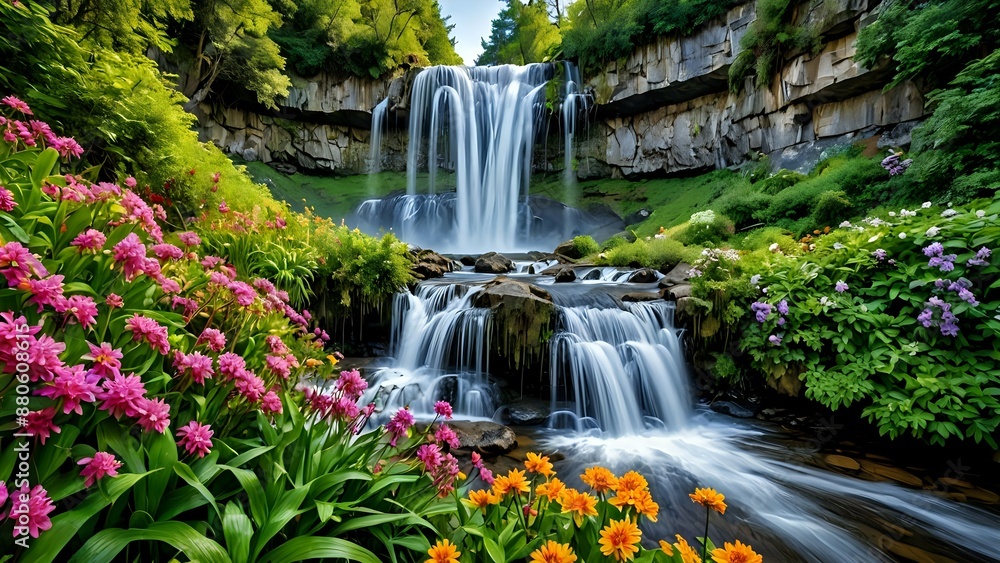 Cascading waterfall with vibrant flowers in a lush green forest. Cascading waterfall with vibrant flowers in a lush green forest.